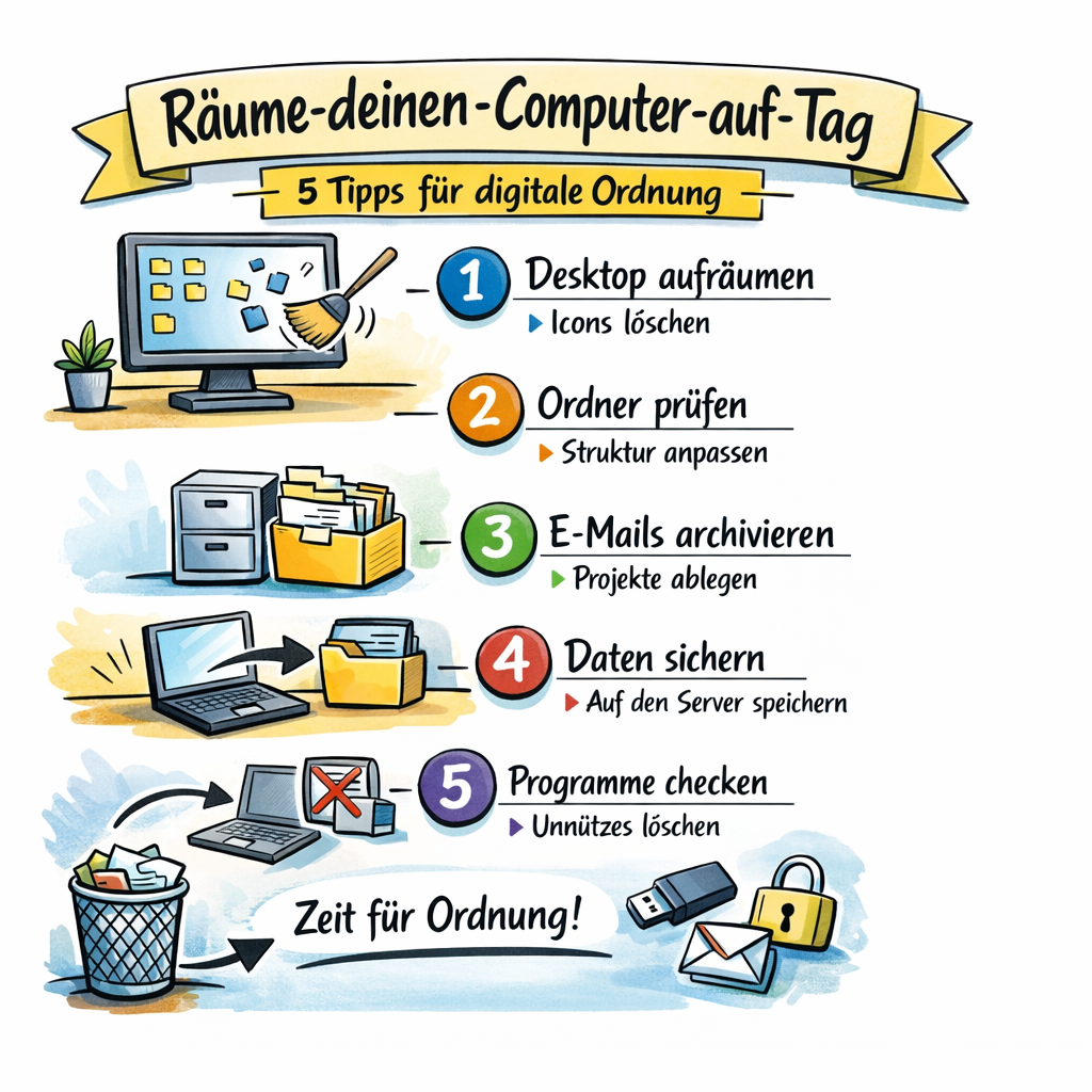 Illustration im Bikablo-Stil zeigt fünf Schritte für digitale Ordnung: Icons vom Desktop löschen, Ordner neu strukturieren, E-Mails projektbezogen archivieren, Daten auf dem Server sichern und ungenutzte Programme entfernen.