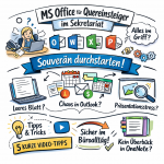 Bikablo-Illustration zum Thema „MS Office für Quereinsteiger im Sekretariat“ mit gezeichneter Büroszene, Symbolen für Outlook, Word, Excel, PowerPoint und typischen Herausforderungen wie leerem Dokument, Outlook-Chaos und Präsentationsstress sowie dem Hinweis auf fünf kurze Video-Tipps für mehr Sicherheit im Büroalltag.