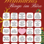festliches Weihnachtsbild mit 24 Bingo-Sprüchen fürs Büro 🍪 Ein Kollege bringt Weihnachts-plätzchen mit • 🔔 Jemand schmückt seinen Schreibtisch mit Weihnachts-dekoration • ☕️ Gemeinsames Glühwein- oder Punschtrinken in der Kaffeepause • 🎁 Ein Geschenk wird im Büro übergeben