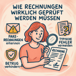 Handgezeichnete Illustration im bikablo®-Stil mit einer jungen Frau, die eine Rechnung mit einer Lupe prüft. Um sie herum Icons mit den Schlagworten „Fake-Rechnungen erkennen“, „Typische Fehler vermeiden“ und „Betrug verhindern“. Farbgebung in warmem Rosa, Beige, Dunkelblau und Gelb, passend zur Corporate-Farbwelt.