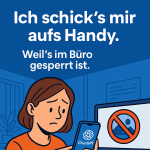 „Cartoonhafte Illustration einer Assistentin, die verstohlen ChatGPT nutzt, während eine ernste IT-Mitarbeiterin im Hintergrund argwöhnisch schaut – Symbolbild für heimliche KI-Nutzung im Büro.“