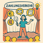 Bikablo-Stil-Illustration (1080 × 1080 px) in Türkis-, Korall- und Gelbtönen: Eine junge Kauffrau steht wie eine Schauspielerin auf einer Bühne, hält eine Maske in der Hand und erklärt vor Publikum den „ZAHLUNGSVERKEHR“. Sprechblasen mit €-Symbol, Briefumschlag und Checkliste verdeutlichen Überweisung, Skonto und Mahnwesen; eine Glühbirne symbolisiert Erkenntnis.