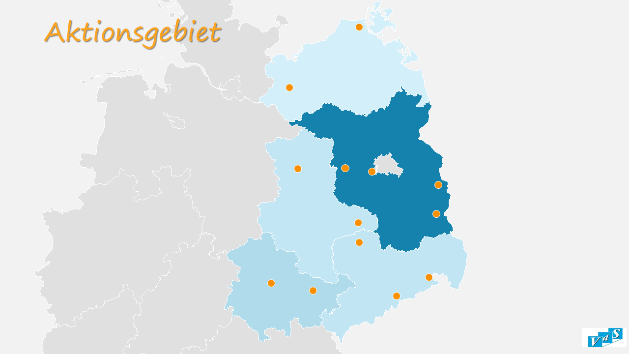 Übersicht der Fachtagung Sekretariate und Assistenzen 2026 mit allen Veranstaltungsorten von Brandenburg an der Havel bis Dresden über Erfurt und Potsdam