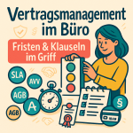 Verlängert, verpasst, verärgert? So zähmen Sie jeden Vertrag! Handgezeichnete Illustration im bikablo-Stil: Titel „Vertragsmanagement im Büro“ mit Unterzeile „Fristen & Klauseln im Griff“. Rechts eine Office-Managerin stellt an einer Fristen-Ampel (Grün/Gelb/Rot) Termine ein; davor Stoppuhr, Vertrag mit Siegel, Checkliste. Umrahmt von runden Badges „SLA“, „AVV“, „AGB“ sowie Symbolen für Datenschutz-Schild, Handschlag und IBAN-Karte. Farbwelt: Dunkeltürkis, Koralle, Safrangelb, Warmbeige, Navy.