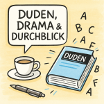 Marker-Illustration eines offenen Duden-Buchs mit Kaffeetasse und fliegenden Buchstaben – Duden, Drama & Durchblick.