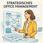 Eine Frau steht an einem großen, transparenten Schaltpult mit vernetzten Symbolen (Kalender, KI-Icon, Herz, Sprechblase, Laptop). Im Hintergrund ein helles Büro mit Pflanzen, Laptop und Notizzetteln – sichtbar menschlich und digital zugleich. Sie blickt nach vorne – Haltung, Fokus, Energie.