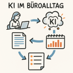 KI-Einsatz im Büroalltag: Die besten Startpunkte für Assistenze Handgezeichnetes Bikablo-Illustrationsdiagramm zum KI-Einsatz im Büroalltag. Oben links sitzt eine Assistenz-Figur am Laptop, rechts daneben eine stilisierte KI-Cloud. Darunter sind drei Büro-Icons angeordnet: ein Dokument, ein Kalender mit Balkendiagramm und eine Aufgabenliste. Blaue Pfeile verbinden alle Elemente zu einem kreisförmigen Workflow. Farben: Schwarz, Blau und Orange.
