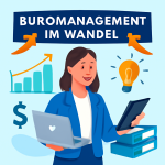 Handgezeichnete Marker-Illustration im Visual-Facilitation-Stil: Eine Büromanagerin mit einem Laptop und Tablet, umgeben von Symbolen wie einem steigenden Diagramm, einer Glühbirne für Innovation, Ordnern und einem Dollarzeichen, das den Wandel und Fortschritt im Büromanagement symbolisiert. Der Titel 'Büromanagement im Wandel' ist in einem Banner zu sehen, begleitet von dynamischen Pfeilen, die den kontinuierlichen Veränderungsprozess zeigen.