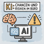 llustration im bikablo-Stil: Ein Gehirn, ein Computer mit „AI“-Anzeige und ein gelbes Warnsymbol sind über Punktlinien verbunden. Darüber steht der Titel „KI: Chancen und Risiken im Büro“. Die Zeichnung symbolisiert die Möglichkeiten und Gefahren künstlicher Intelligenz im Büroalltag.