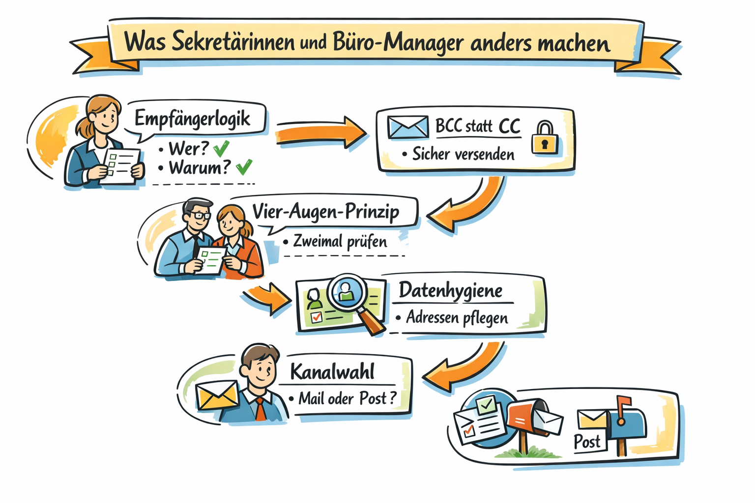 Bikablo-Stil-Grafik mit Handlungskette zum Datenschutz im Büro: Sekretärinnen, Sekretäre und Büro-Manager prüfen Empfängerlogik, versenden E-Mails sicher mit BCC statt CC, arbeiten nach dem Vier-Augen-Prinzip, pflegen Adressdaten sorgfältig und entscheiden bewusst zwischen E-Mail, Newsletter oder Postversand.
