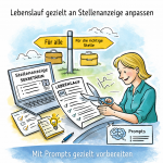 Bikablo-Illustration im handgezeichneten Stil: Sekretärin richtet einen Lebenslauf gezielt auf eine Stellenanzeige aus, mit Checkliste, hervorgehobenen Stichwörtern wie „Passung“, „Relevanz“ und „Struktur“ sowie Hinweis auf KI-gestützte Unterstützung für Bewerbung und Jobsuche.