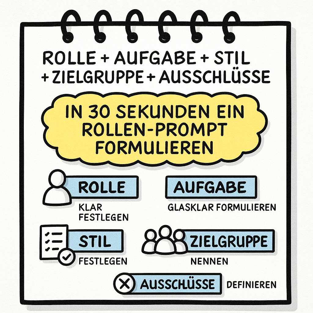 Notizzettel Rollen-Prompts „Handgezeichnete Bikablo-Illustration eines Notizzettels im Format 1080x1080. Oben steht die Formel ‚Rolle + Aufgabe + Stil + Zielgruppe + Ausschlüsse‘. Darunter eine gelbe Wolke mit der Überschrift ‚In 30 Sekunden ein Rollen-Prompt formulieren‘. Fünf einzelne Felder mit Icons zeigen die Schritte: Rolle festlegen, Aufgabe glasklar formulieren, Stil bestimmen, Zielgruppe nennen und Ausschlüsse definieren. Der Stil ist skizzenhaft, mit klaren Linien, blauen Markierungen und typischen Bikablo-Piktogrammen.