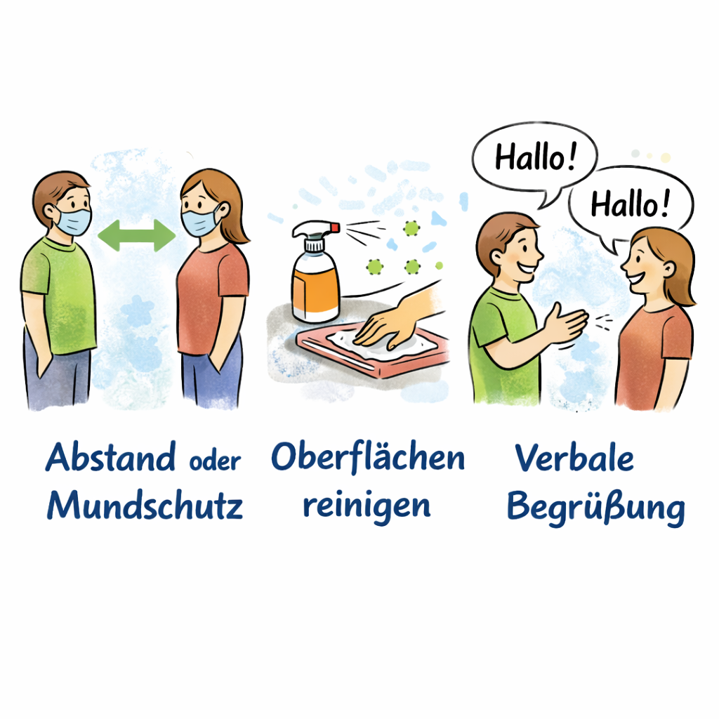 Bikablo-Illustration mit drei Lösungsbeispielen zur Reduzierung von Ansteckung im Büro: Abstand halten oder Mundschutz tragen, gemeinsame Oberflächen reinigen und verbale Begrüßung statt Händeschütteln.