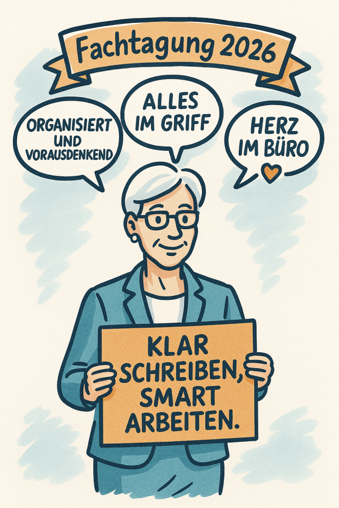 Illustration einer Sekretärin, die nachdenklich vor ihrem Schreibtisch sitzt, über ihr mehrere Sprechblasen mit möglichen Berufsmottos. Symbolbild dafür, ein persönliches Berufsmotto für Sekretärinnen und Assistenzen zu finden.