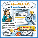 Illustration im Bikablo-Stil: Sekretärin mit Klemmbrett optimiert ihre LinkedIn-Über-mich-Seite, daneben ein LinkedIn-Profil, Checkliste mit „sichtbar werden“, „klare Worte finden“, „besser netzwerken“ sowie Hinweis auf einen Prompt für ein aussagekräftiges LinkedIn-Profil für Sekretärinnen und Assistentinnen.
