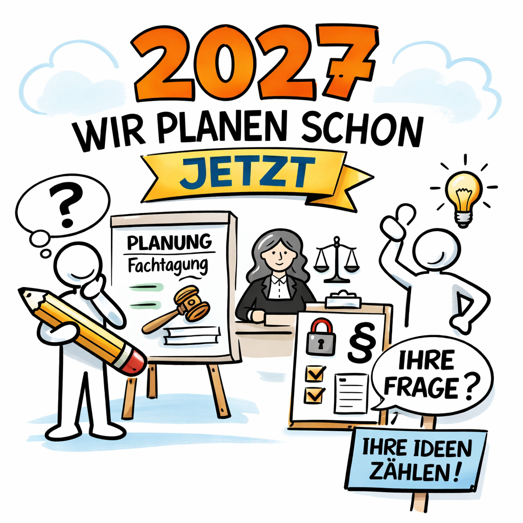Alt-Text: Quadratisches Bikablo-Illustrationsbild im Sketchnote-Stil mit der Überschrift „2027 – Wir planen schon jetzt“. In der Mitte steht eine stilisierte Rechtsanwältin hinter einem Schreibtisch mit Paragraphenzeichen und Waage. Links eine Strichfigur mit großem Bleistift vor einem Flipchart „Planung Fachtagung“, darüber ein Fragezeichen. Rechts eine Strichfigur mit erhobener Hand und Glühbirne. Sprechblase mit „Ihre Frage?“ und Schild „Ihre Ideen zählen!“. Farben in Orange, Blau und Dunkelblau, klare Linien, wenige Symbole.