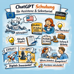 Illustration zur ChatGPT-Schulung für Assistenz und Sekretariat: Assistenzkraft entscheidet souverän zwischen Copilot und ChatGPT, mit Fokus auf digitale Souveränität, Datenschutz und aktuelle Rechtschreibung nach Duden 29.