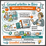 Bikablo-Illustration zum Thema „gesund arbeiten im Büro“: Eine Sekretärin erklärt mit Grundwissen und klarer Haltung, wie Gesundheitskompetenz im Büro Verantwortung für Team, Azubis und Arbeitsalltag schafft.