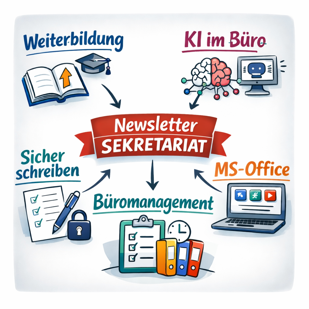 newsletter Bikablo-Illustration mit zentralem Schriftzug „Newsletter Sekretariat“, umgeben von handgezeichneten Symbolen zu Weiterbildung, KI im Büro, sicherem Schreiben, MS-Office und Büromanagement in den Verbandsfarben des Sekretärinnen-Verbands.
