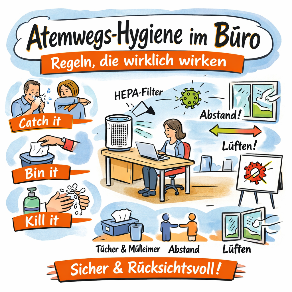 Atemwegs-hygiene Bikablo-Illustration zum Thema „Atemwegs-Hygiene im Büro: Regeln, die wirklich wirken“ mit gezeichneten Büroszenen zu „Catch it, Bin it, Kill it“, einer Person beim Husten in die Armbeuge, dem Entsorgen eines Taschentuchs, Händehygiene, einem HEPA-Luftfilter sowie Symbolen für Abstand halten und Lüften.