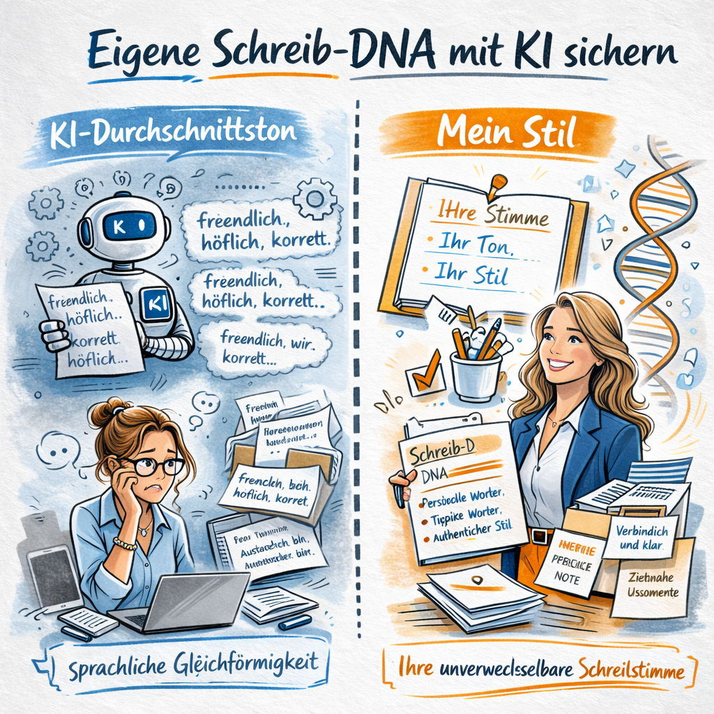Schreibstil-DNA Bikablo-Illustration im Split-Design: Links eine unsichere Bürofrau vor dem Laptop mit wiederholten Formulierungen wie „freundlich, höflich, korrekt“ und dem Hinweis „KI-Durchschnittston“ – Symbol für sprachliche Gleichförmigkeit. Rechts dieselbe Frau selbstbewusst mit Unterlagen, Checkliste „Schreib-DNA“ und DNA-Helix im Hintergrund – Symbol für persönliche Schreibstimme und unverwechselbaren Stil.