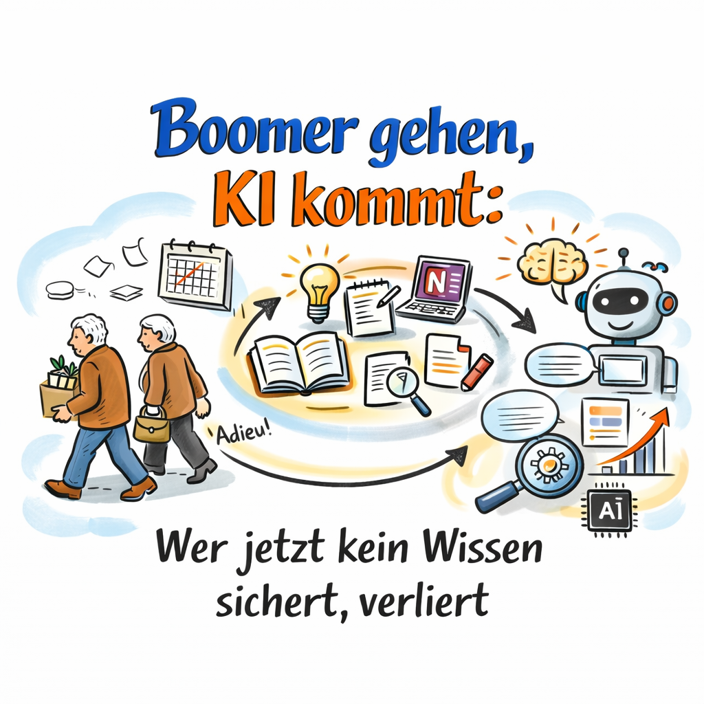 llustration im Bikablo-Stil: Zwei ältere Sekretärinnen verlassen das Sekretariat mit Unterlagen, im Hintergrund ein Büroarbeitsplatz. In der Mitte werden Wissen, Notizen und OneNote als Wissenssammlung dargestellt. Rechts nutzt eine KI diese Inhalte weiter. Überschrift: „Boomer gehen, KI kommt: Wer jetzt kein Wissen sichert, verliert“.