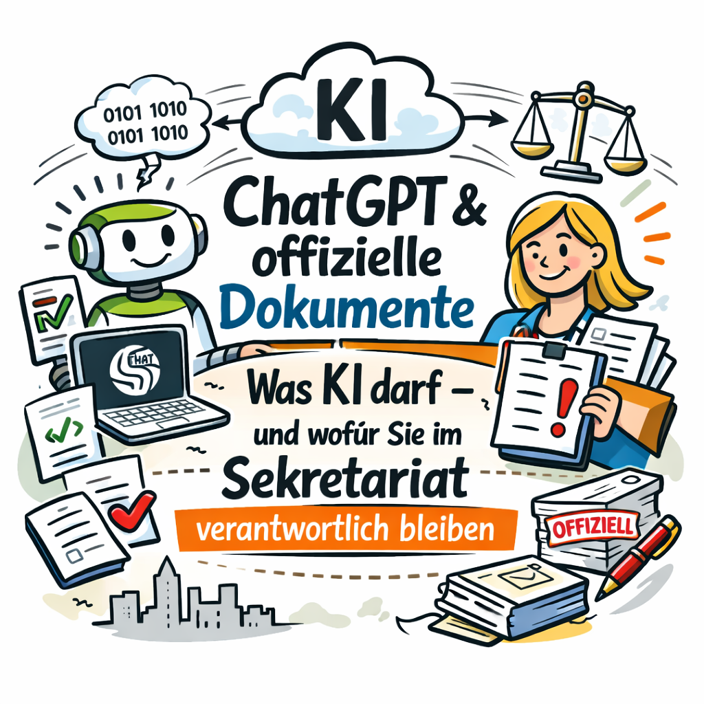 Bikablo-Illustration zu ChatGPT und offiziellen Dokumenten: Eine Sekretärin prüft Unterlagen, während eine KI Dokumente vorbereitet – Verantwortung bleibt im Sekretariat.