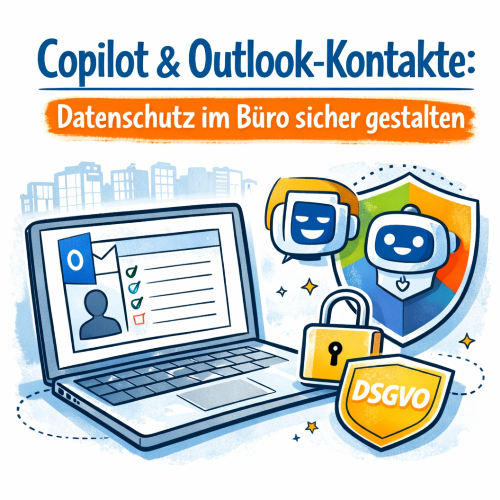 Illustration zum Thema „Copilot & Outlook-Kontakte: Datenschutz im Büro sicher gestalten“. Ein stilisierter Laptop zeigt eine Outlook-Kontaktliste mit Häkchen und Profilbild. Daneben befinden sich ein Copilot-Symbol, ein Vorhängeschloss und ein Datenschutz-Schild mit DSGVO-Hinweis. Die Grafik symbolisiert den sicheren und datenschutzkonformen Einsatz von Microsoft Copilot bei der Verwaltung von Outlook-Kontakten im Büro.