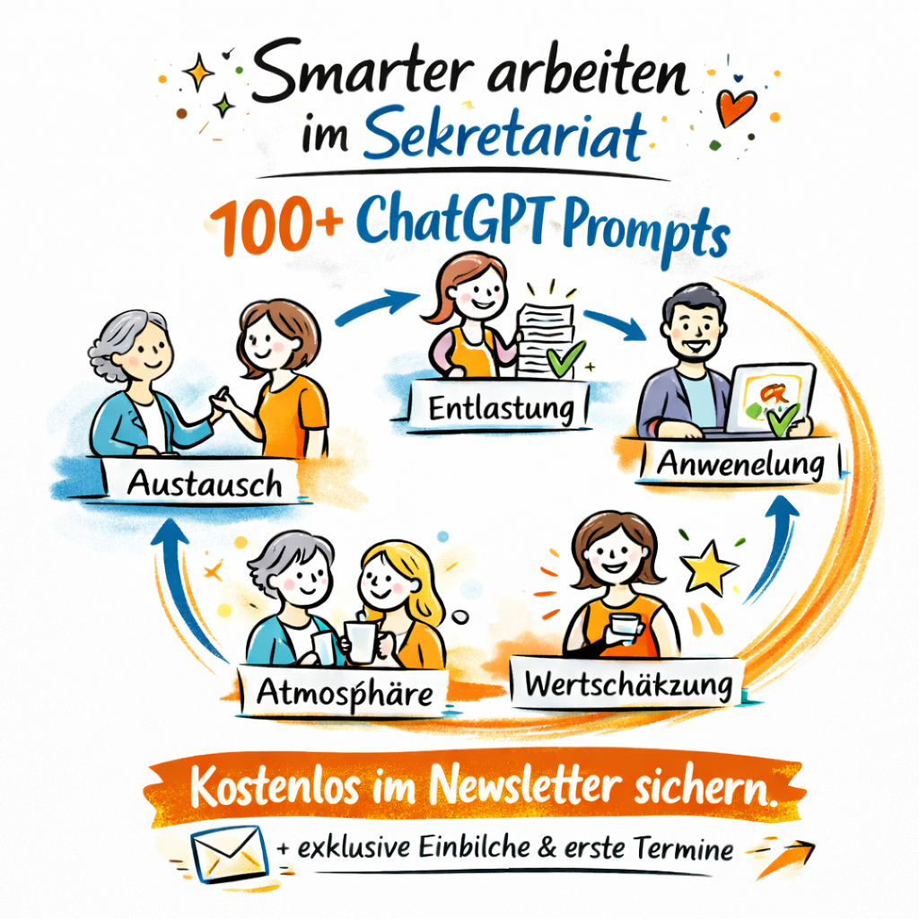 Illustration zeigt diverse Office-Professionals im Büroalltag, überwiegend Frauen unterschiedlicher Altersstufen sowie einen Mann, die gemeinsam typische Arbeitssituationen darstellen: Austausch im Gespräch, Nutzung von ChatGPT am Laptop, Entlastung durch strukturierte Aufgaben, angenehme Arbeitsatmosphäre und gegenseitige Wertschätzung im Team. Im Zentrum stehen Begriffe wie „Austausch“, „Entlastung“, „Anwendung“, „Atmosphäre“ und „Wertschätzung“. Titel im Bild: „Smarter arbeiten im Sekretariat – 100+ ChatGPT Prompts“. Hinweis auf kostenlosen Newsletter mit exklusiven Impulsen, Prompts für den Büroalltag und frühzeitigen Informationen zu Fachtagungen für Sekretärinnen und Office-Managerinnen.