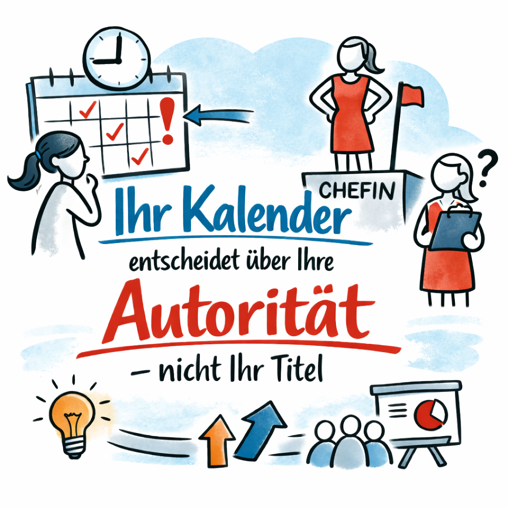 Illustration im Format 1080x1080 mit dem Titel „Ihr Kalender entscheidet über Ihre Autorität – nicht Ihr Titel“. Mehrere abstrakte weibliche Strichfiguren sind dargestellt: Links betrachtet eine Frau einen strukturierten Kalender mit Häkchen und Uhrsymbol, rechts steht eine selbstbewusste Frau auf einem Podest mit der Aufschrift „Chefin“. Eine weitere Frau hält ein Klemmbrett in der Hand. Der zentrale Schriftzug hebt das Wort „Autorität“ in Rot hervor. Die Zeichnung ist im handgezeichneten Marker-Stil mit schwarzen Konturen und Akzentfarben in Blau und Rot gehalten. Die Bildaussage betont professionelle Terminplanung als Grundlage für Autorität im Büro.