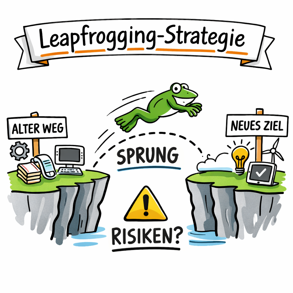 Illustration mit weißem Hintergrund: Ein grüner Frosch springt dynamisch über eine Lücke zwischen zwei Felsen. Links steht ein Schild „Alter Weg“ mit Symbolen für traditionelle Büroarbeit, rechts ein Schild „Neues Ziel“ mit Glühbirne als Innovationssymbol. Über dem Frosch ist eine gestrichelte Flugbahn eingezeichnet, die den strategischen Sprung symbolisiert.