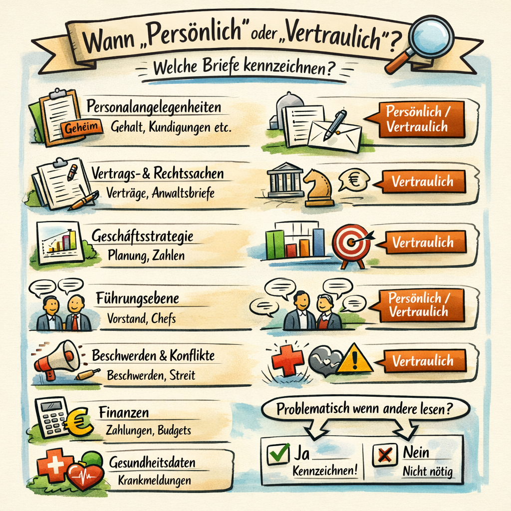 Wann 'Persönlich' oder 'Vertraulich'_ Illustration zeigt, welche Geschäftsbriefe im Büro als „persönlich“ oder „vertraulich“ gekennzeichnet werden sollten, darunter Personalangelegenheiten, Verträge, Geschäftsstrategie, Beschwerden, Finanzen und Gesundheitsdaten, ergänzt durch eine Entscheidungsregel zur sicheren Adressierung nach DIN 5008.