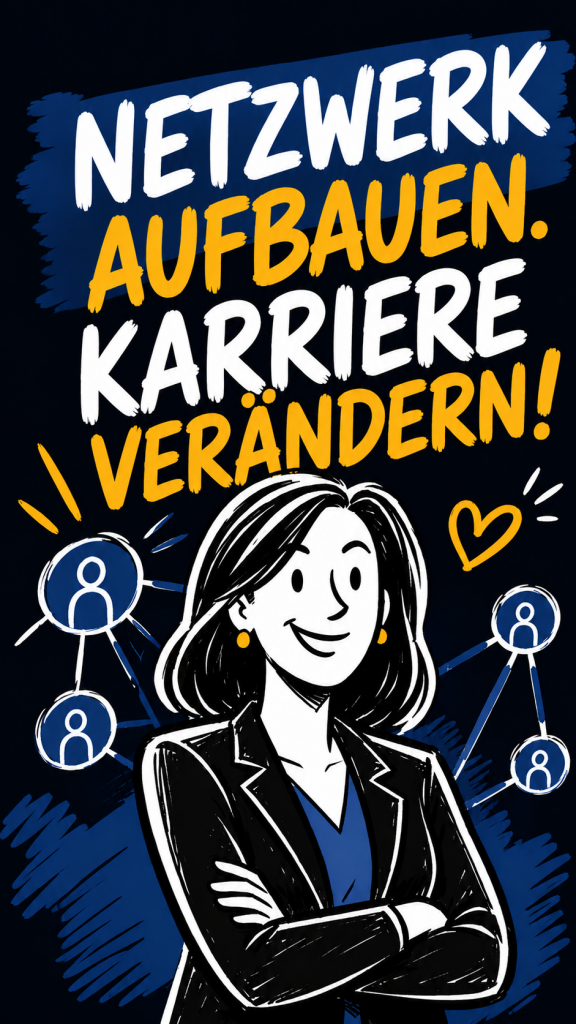 Illustration im Hochformat 9:16 zum Thema Netzwerken auf einer Fachtagung. Im Mittelpunkt steht eine gezeichnete Sekretärin im modernen Business-Look mit Namensschild und Kaffeetasse. Im Hintergrund tauschen sich Teilnehmerinnen an Stehtischen aus. Große kontrastreiche Typografie in Dunkelblau, Schwarz und Gold vermittelt die Botschaft „Die echte Kraft einer Fachtagung: Kontakte, die bleiben.“ Rechts zeigen kleine Szenen Empfehlungen, Wissenstransfer und neue Chancen durch Gespräche. Eine Sprechblase stellt die Frage: „Welches Gespräch könnte Ihre Karriere verändern?“ Der Stil ist emotional, modern und im handgezeichneten Bikablo-Look gehalten.