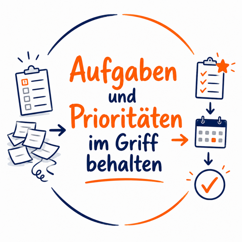 Quadratische Bikablo-Illustration zum Live-Online-Seminar „Aufgaben & Prioritäten im Griff behalten“. Das Motiv zeigt links ungeordnete Aufgaben und rechts den Weg zu einer priorisierten Aufgabenliste, geplanter Zeit und erledigten Aufgaben.