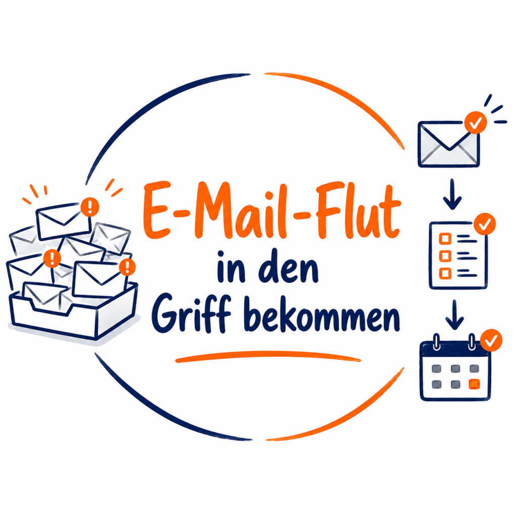 Bikablo-Illustration: Ein überfüllter E-Mail-Posteingang wird zu einer klaren Übersicht für E-Mails, Aufgaben und Wiedervorlagen.