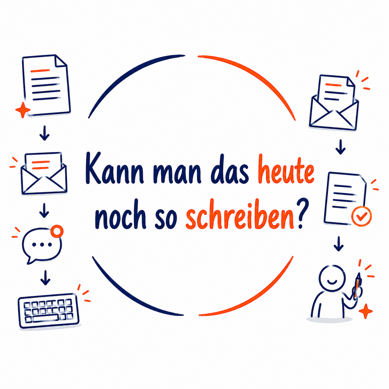 Illustration zum Live-Online-Seminar „Kann man das heute noch so schreiben?“ mit Briefen, E-Mails und Schreibsymbolen.