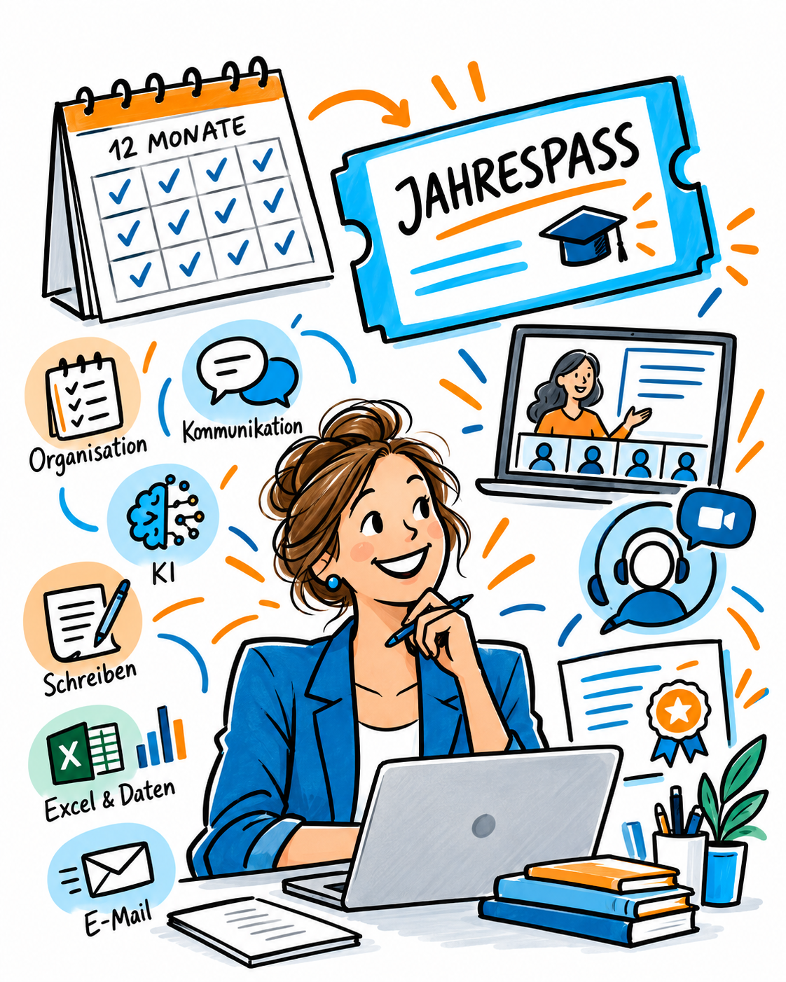 Handgezeichnete Jahrespass-Illustration mit Kalender, Online-Weiterbildung und Seminarthemen
